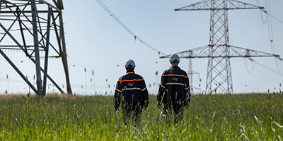 Elia technicians in a field with pylons in the landscape